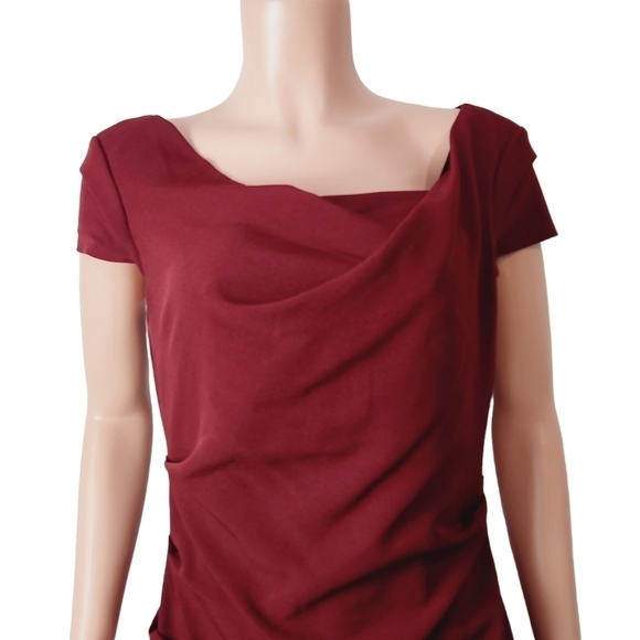 ADRIANNA Papell Asymmetrical Brick Red Crinkled Midi Sheath Dress Size: 10 - Picture 2 of 13